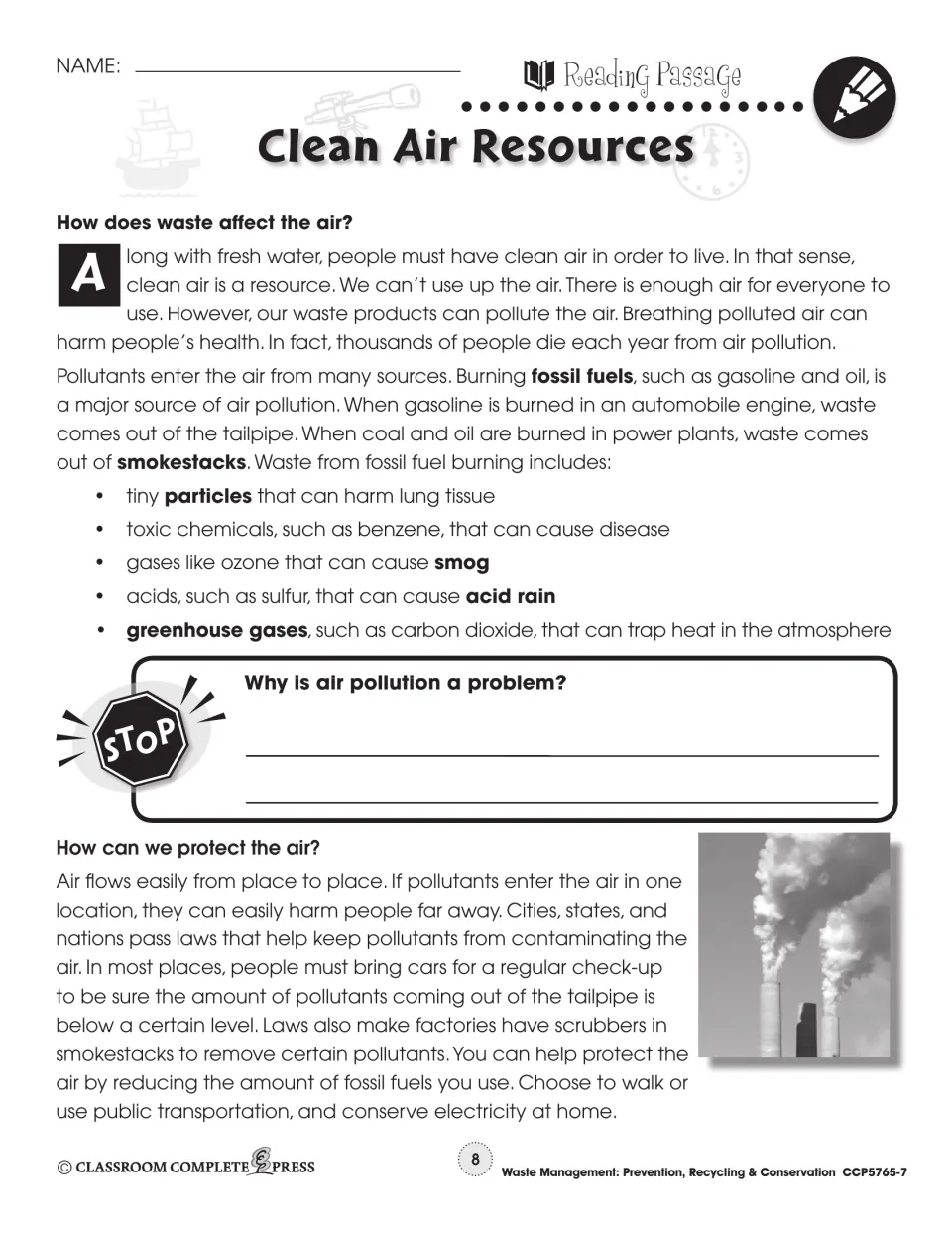 Reading passage on fossil fuel waste in the air: particles, smog, greenhouse gases, and ways to protect the air