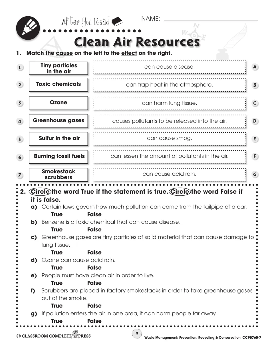 After You Read part 1: match causes like ozone and sulfur to effects, then seven true-or-false statements