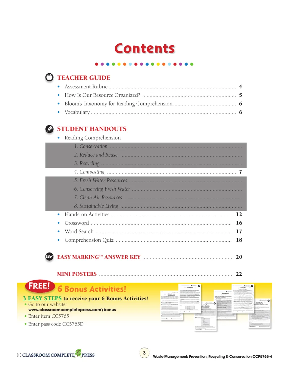 Contents for the composting chapter list teacher guidance, student handouts, activities, quiz, and answer key