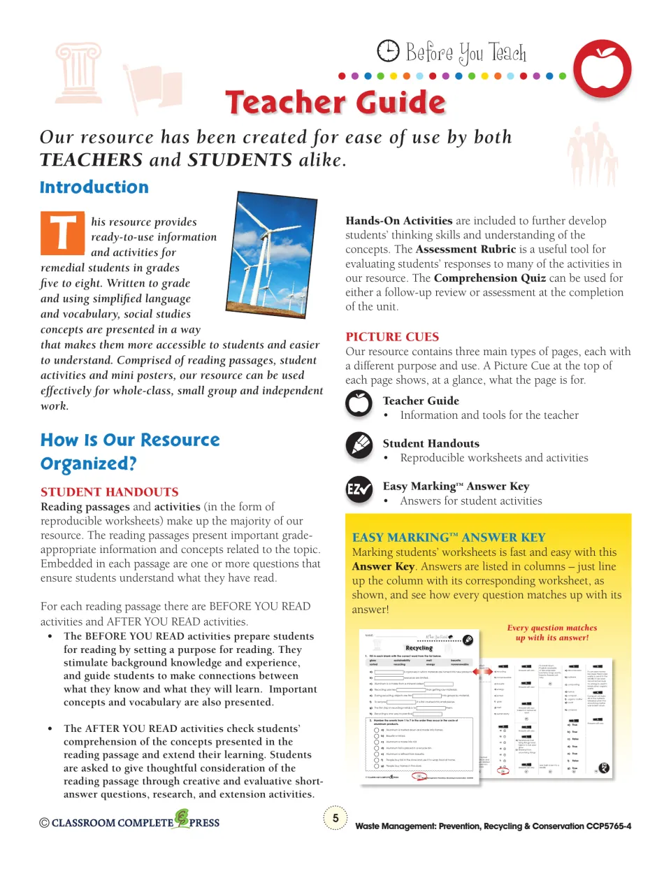 Teacher guide explains reading passages, before- and after-reading activities, assessment, and the answer key