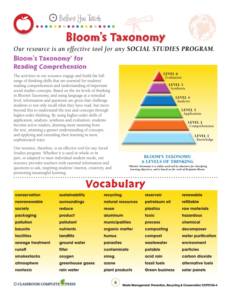 Teacher reference explains six Bloom’s Taxonomy levels and lists vocabulary including nutrients and compost