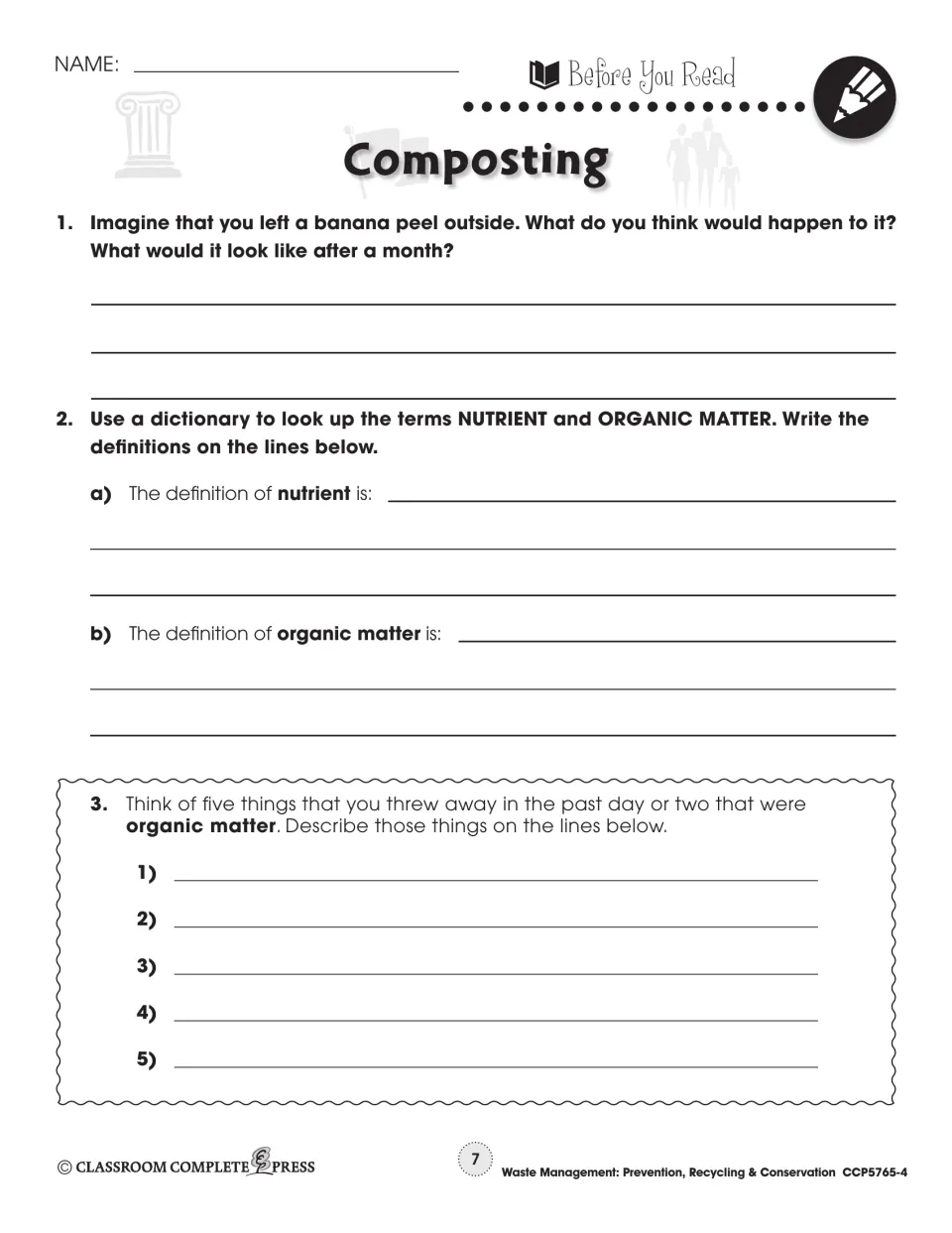 Composting prereading tasks ask about a banana peel, nutrient and organic matter definitions, and discarded waste