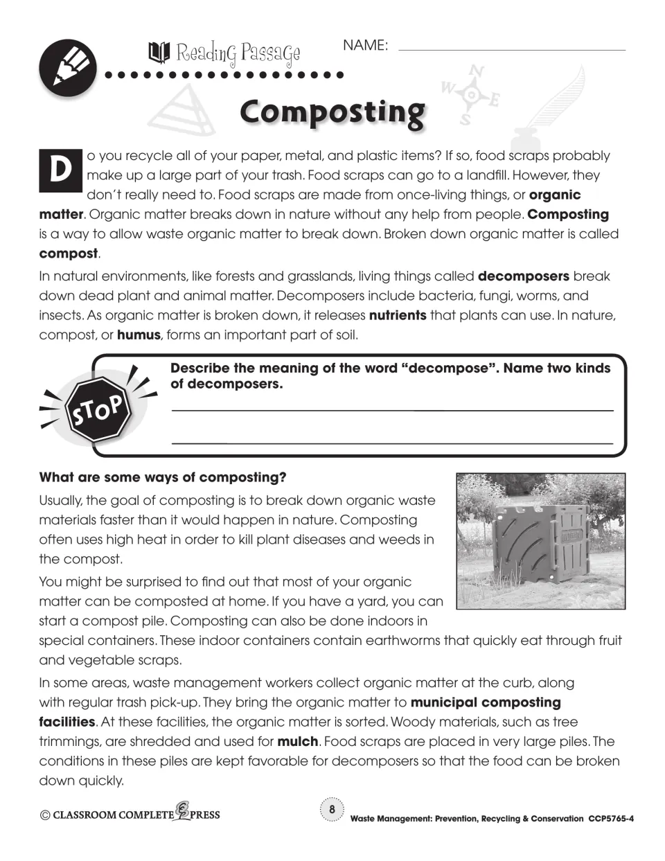 Composting reading introduces organic matter, decomposers, nutrients, and home and municipal composting methods