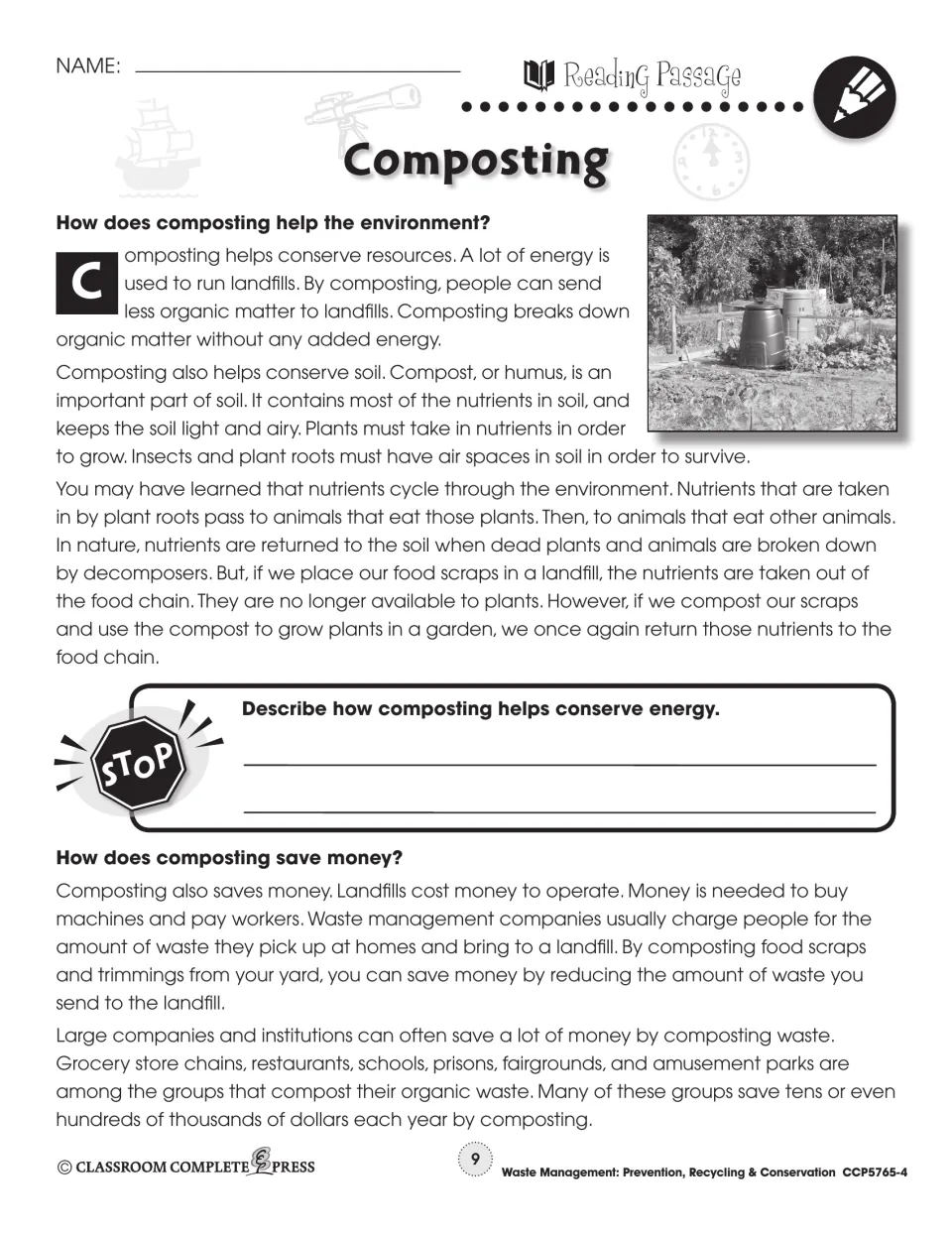 Composting reading explains conserving soil and energy, returning nutrients to the food chain, and saving money