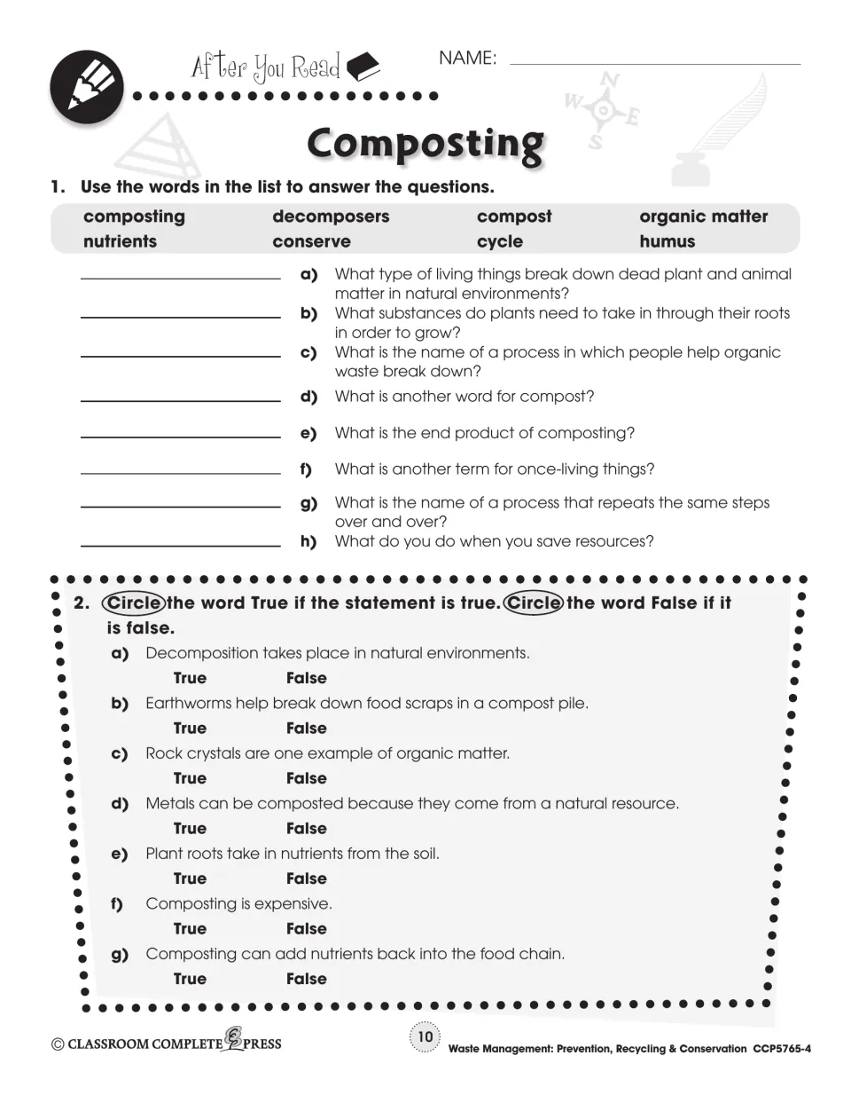 Composting follow-up practice includes eight vocabulary questions and seven true-or-false statements