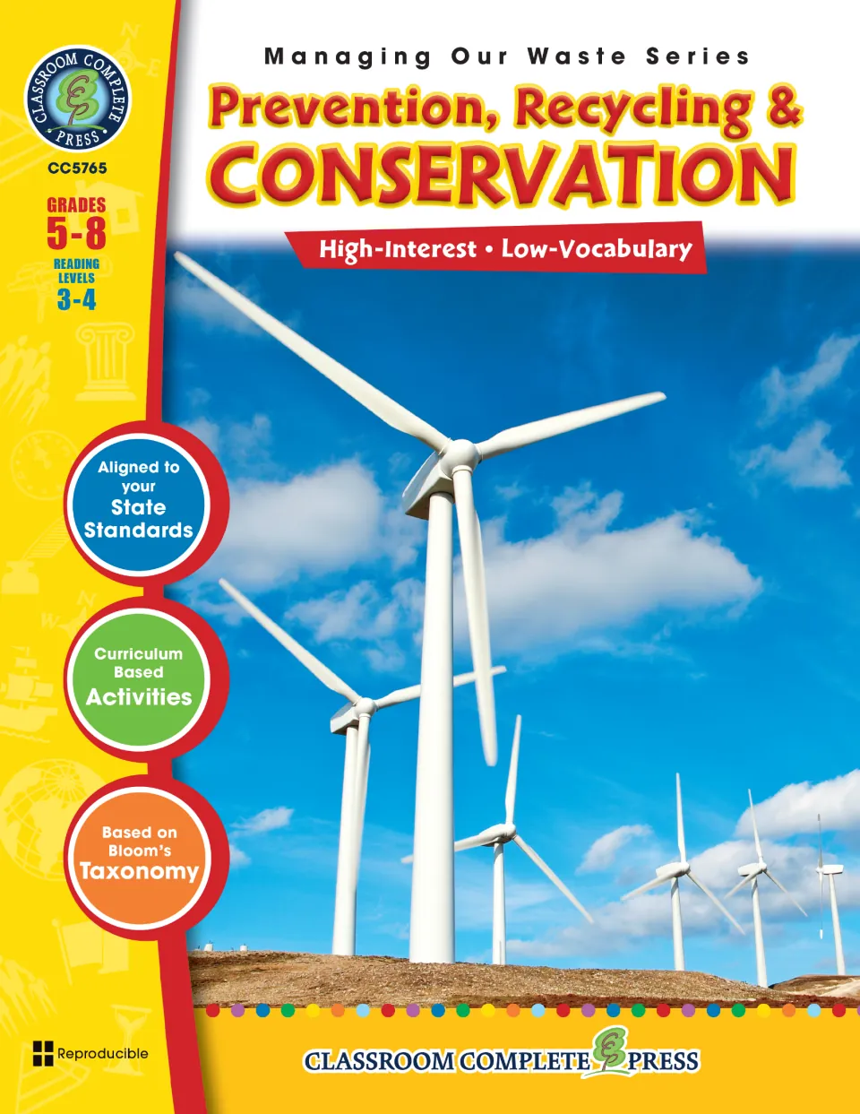 Prevention, Recycling & Conservation cover: Managing Our Waste Series, Grades 5–8, with a photo of wind turbines