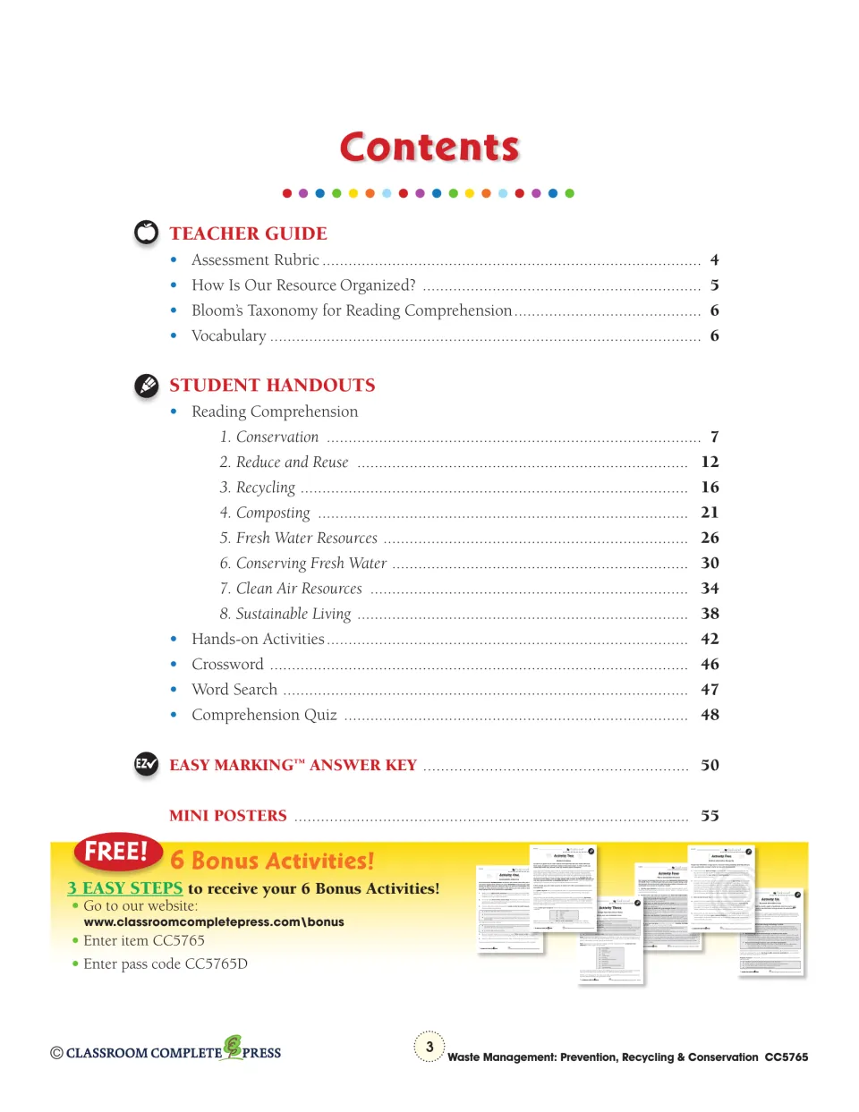 Contents: teacher guide, eight reading topics from Conservation to Sustainable Living, puzzles, quiz and answer key