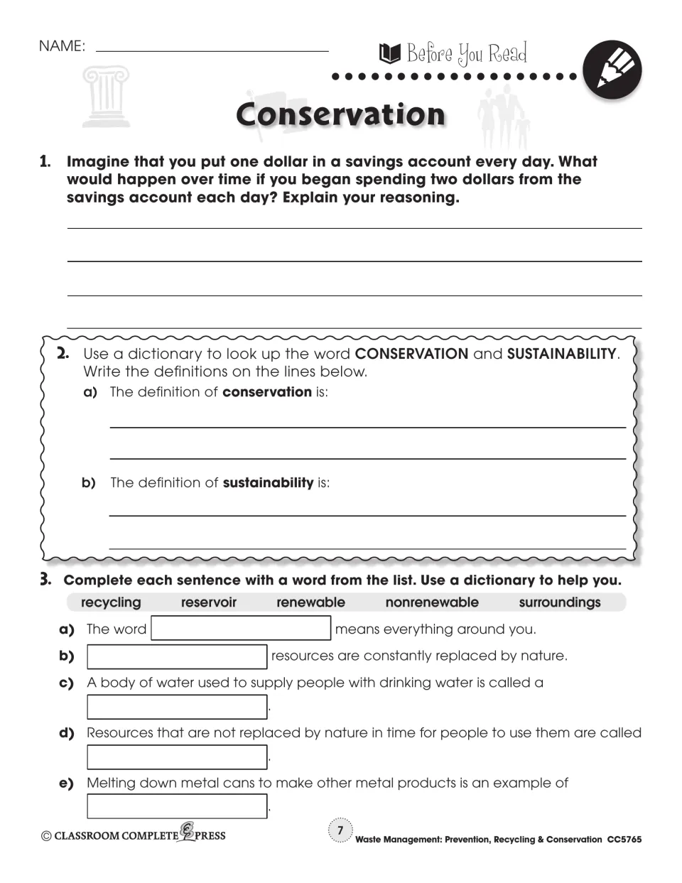 Before You Read for Conservation: savings account question, define conservation and sustainability, 5 fill-ins