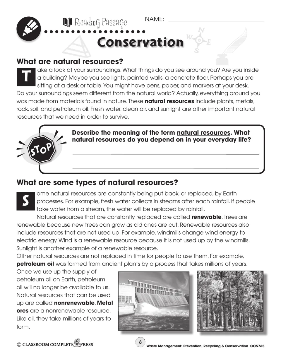 Conservation passage part 1: natural resources, renewable and nonrenewable, with dam and forest photos