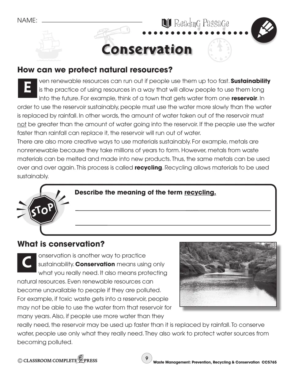 Conservation passage part 2: sustainability, reservoirs, recycling metals and conserving water, with a river photo