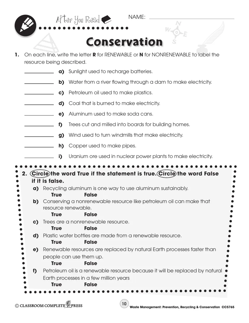 After You Read for Conservation: label 9 resources renewable or nonrenewable, plus 6 true-or-false statements