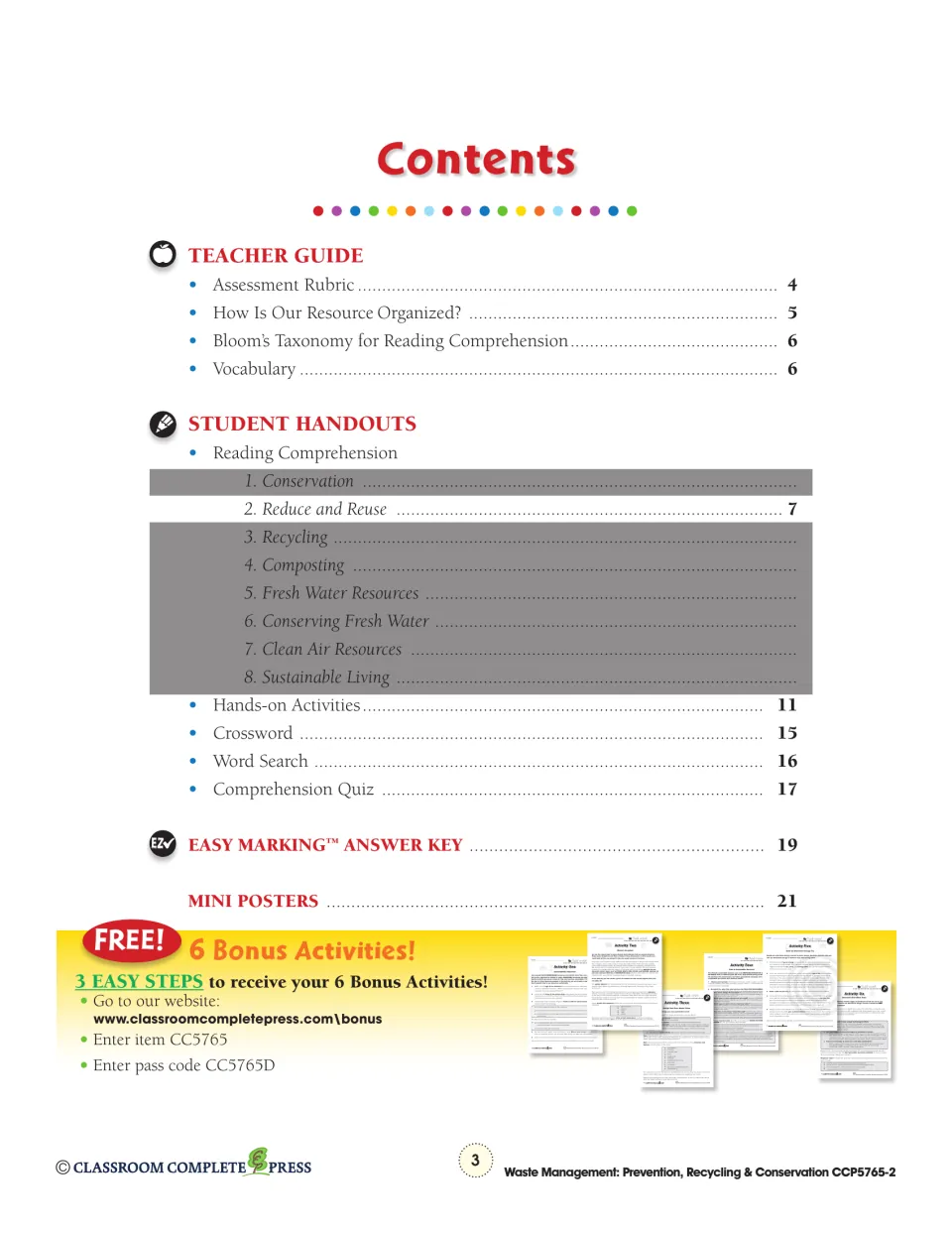 Contents: teacher guide, Reduce and Reuse reading on page 7, hands-on activities, crossword, word search and quiz