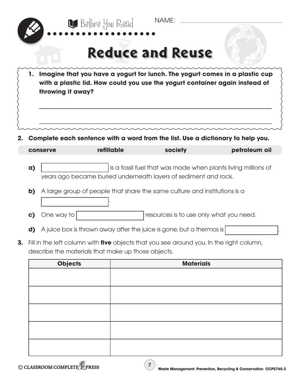 Before You Read: yogurt cup reuse question, fill-ins using conserve, refillable, society and petroleum oil