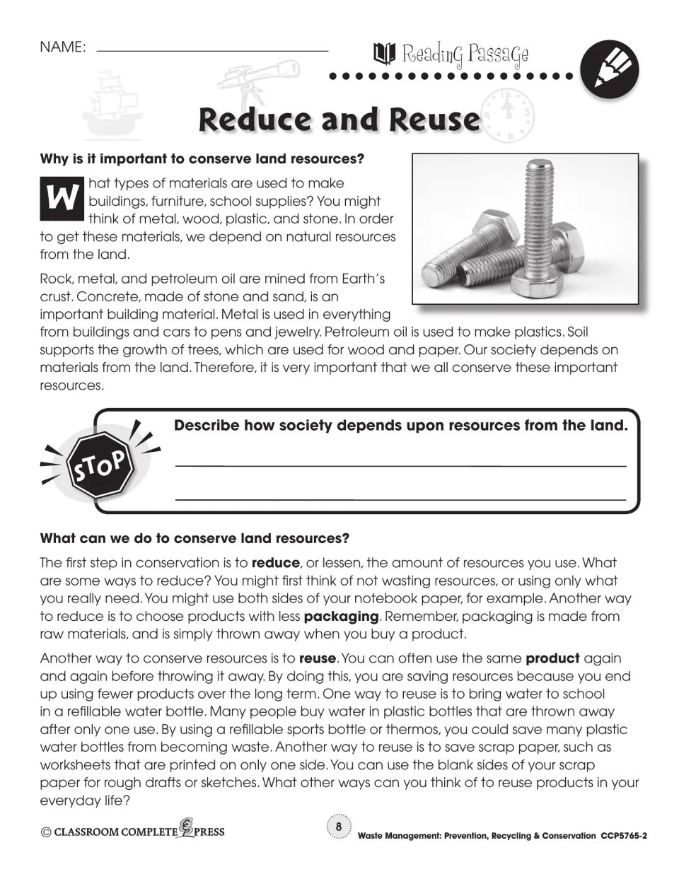 Reduce and Reuse reading passage on conserving land resources by using less packaging and refillable bottles