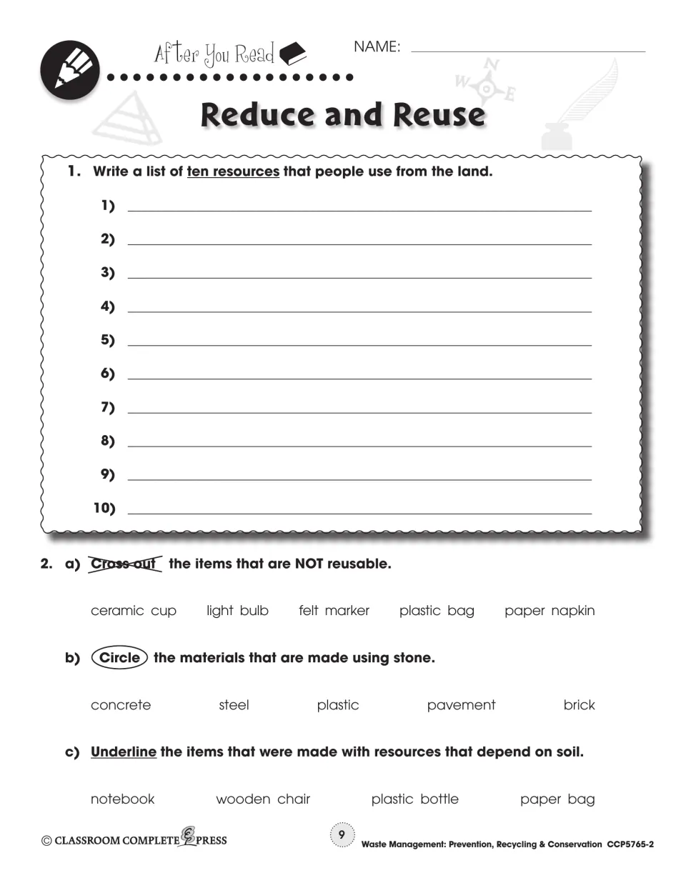 After You Read part 1: list ten land resources, cross out, circle or underline items like ceramic cup and brick