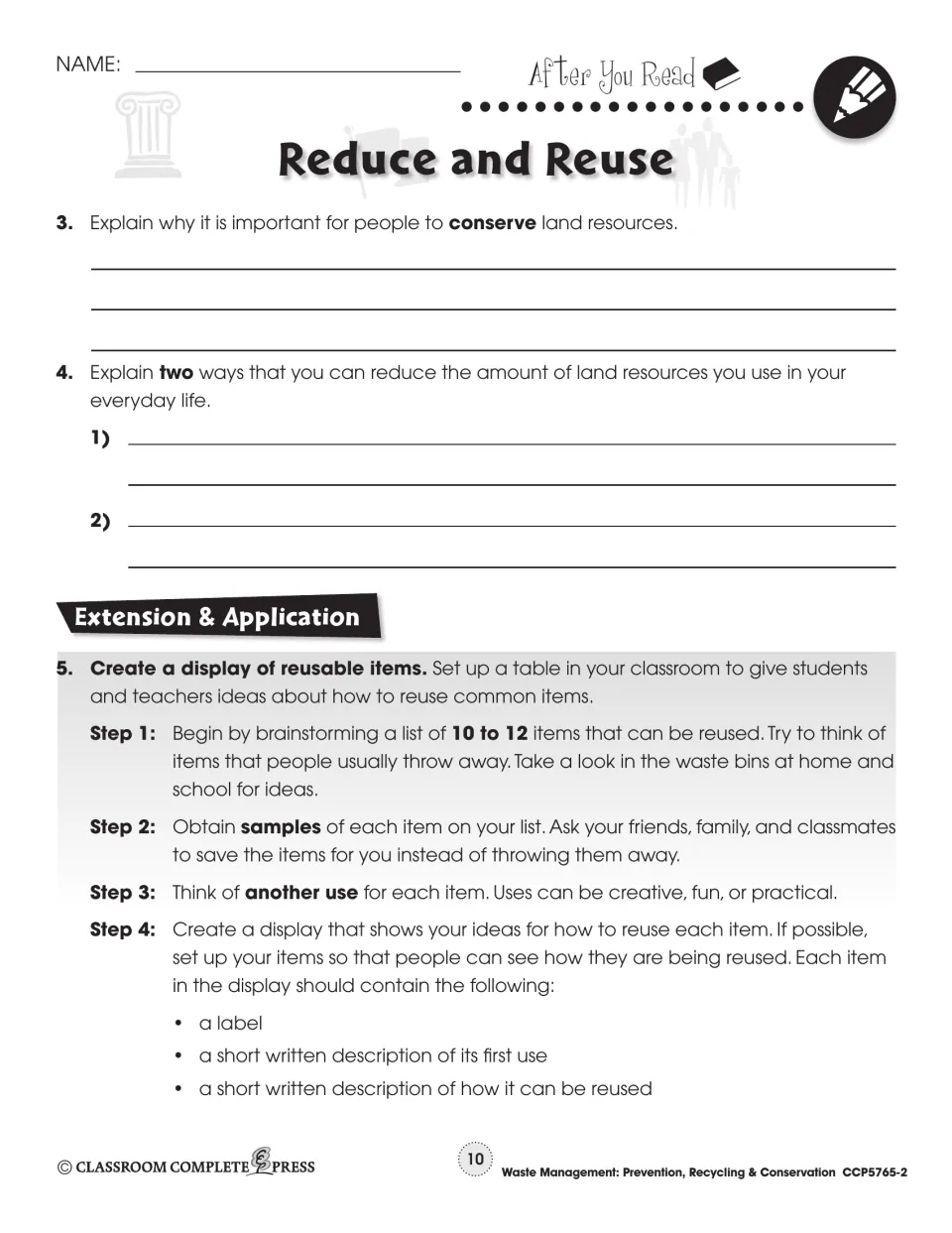 After You Read part 2: why conserve land resources, two ways to reduce, and a reusable items display project