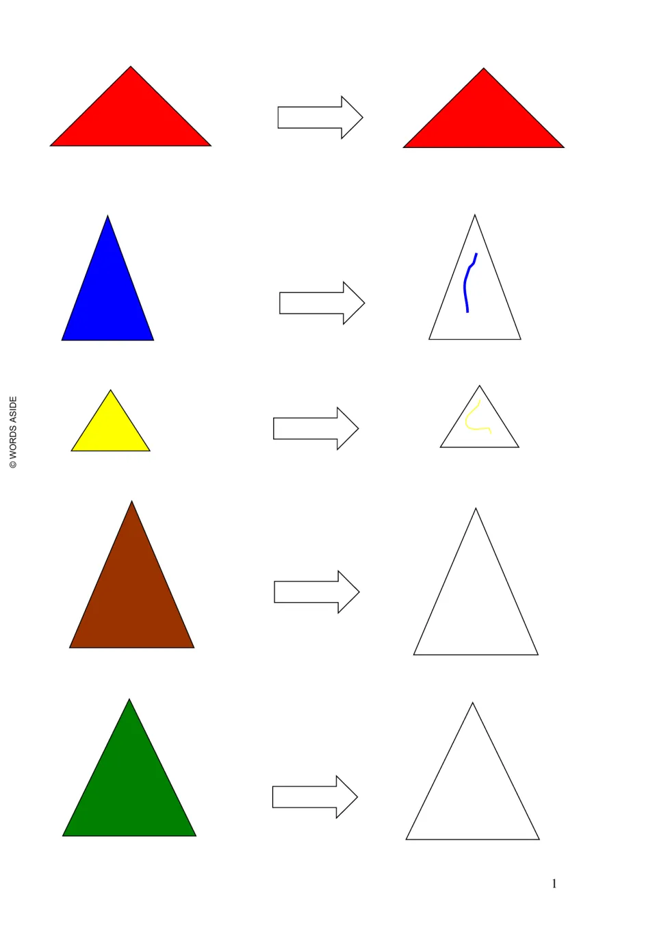 Prewriting color practice: five triangle pairs in red, blue, yellow, brown, and green, with a red example