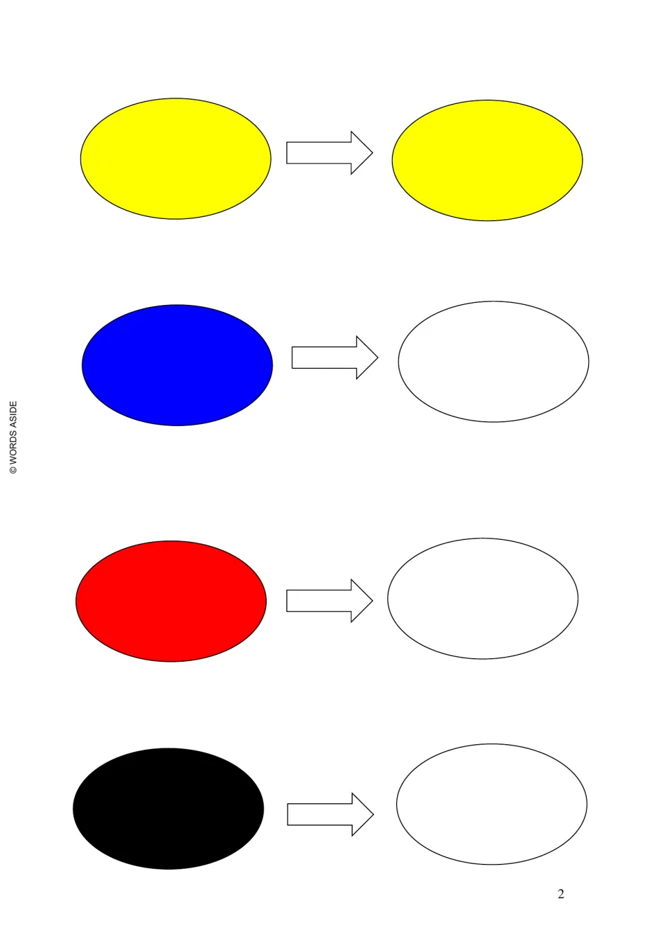 Prewriting color practice: four oval pairs in yellow, blue, red, and black, with a completed yellow example