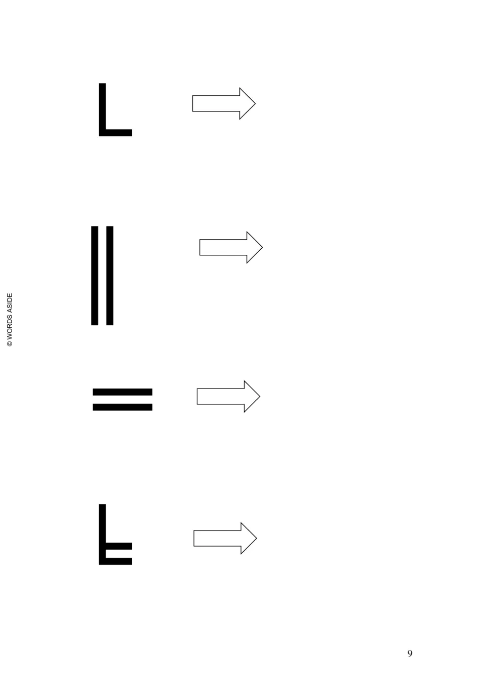 Prewriting copying practice: an L, two vertical strokes, an equals sign, and a joined three-stroke symbol