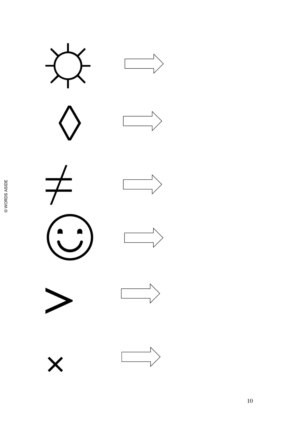 Prewriting copying practice: a sun, diamond, not-equal sign, smiley face, greater-than sign, and an X