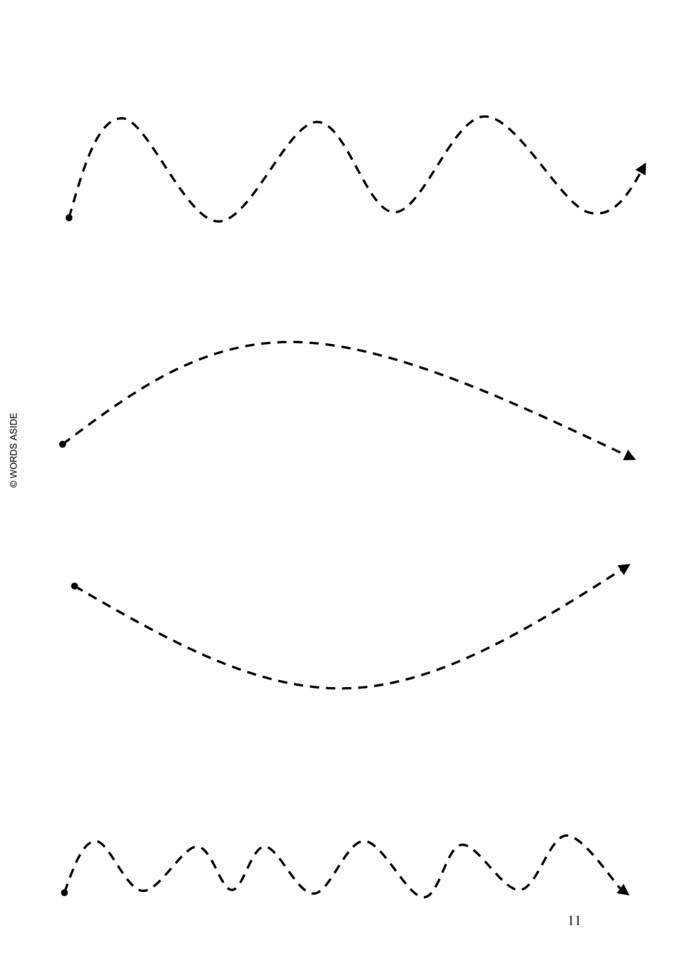 Prewriting tracing practice: four dashed paths with broad waves, an upward arch, a downward curve, and small waves