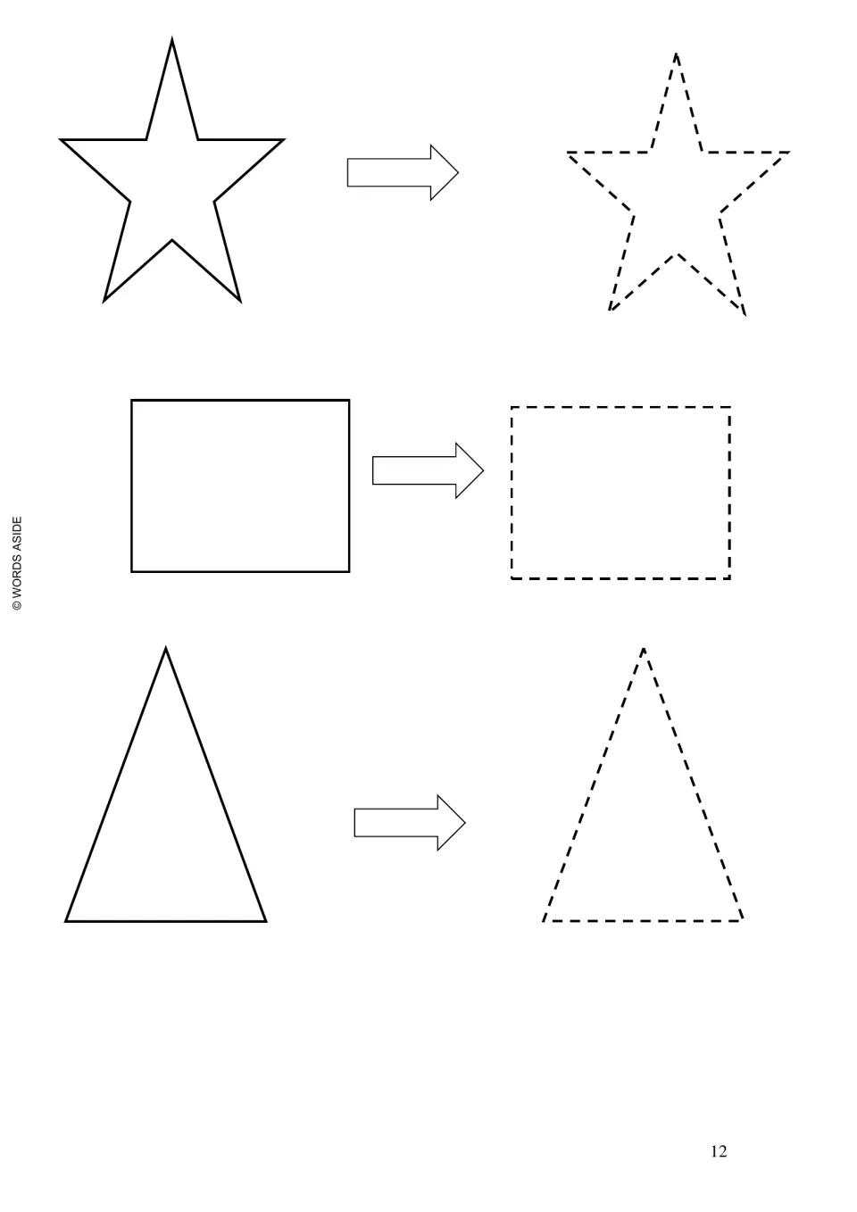 Prewriting shape tracing: a five-point star, rectangle, and triangle paired with dashed versions to trace