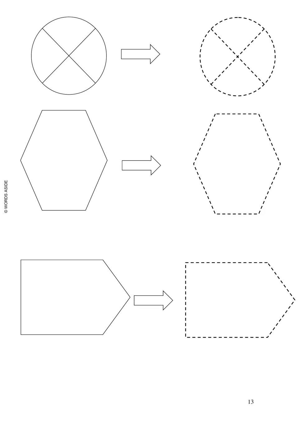 Prewriting shape tracing: a circle crossed by an X, a hexagon, and a right-pointing five-sided shape