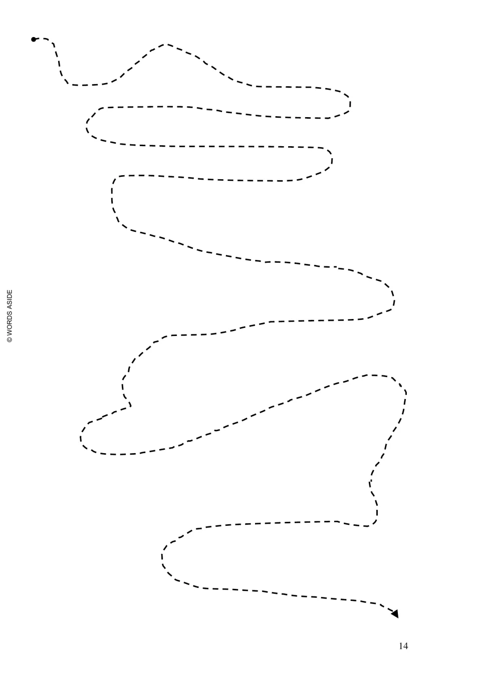 Prewriting tracing practice: one long dashed winding path with repeated turns, a starting dot, and an ending arrow