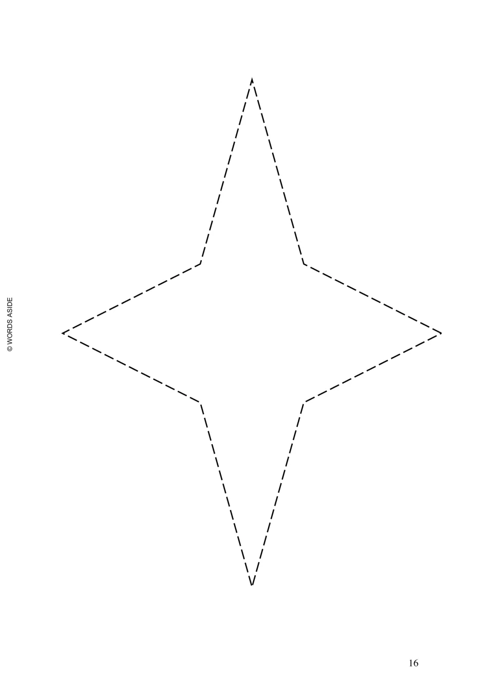 Prewriting shape tracing: one large four-point star with a dashed outline and elongated top and bottom points