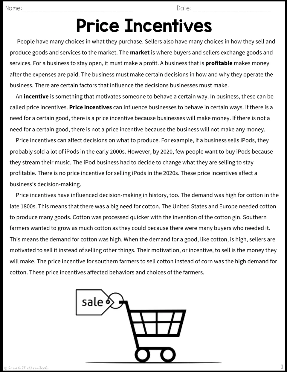 Price incentives passage: students read how demand shaped business choices, from iPod sales to cotton in the late 1800s