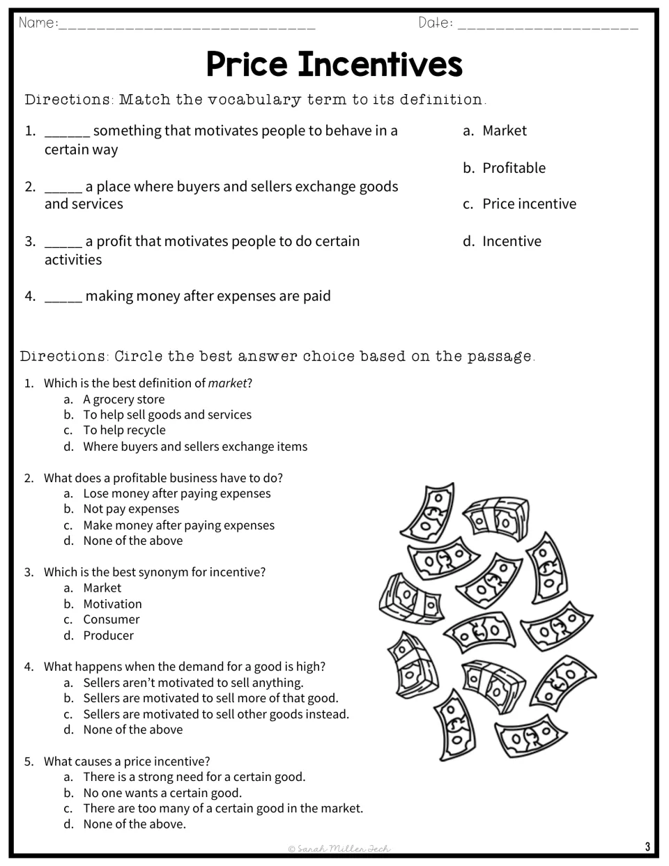 Vocabulary: students match market, profitable, incentive and price incentive to definitions, then answer 5 questions