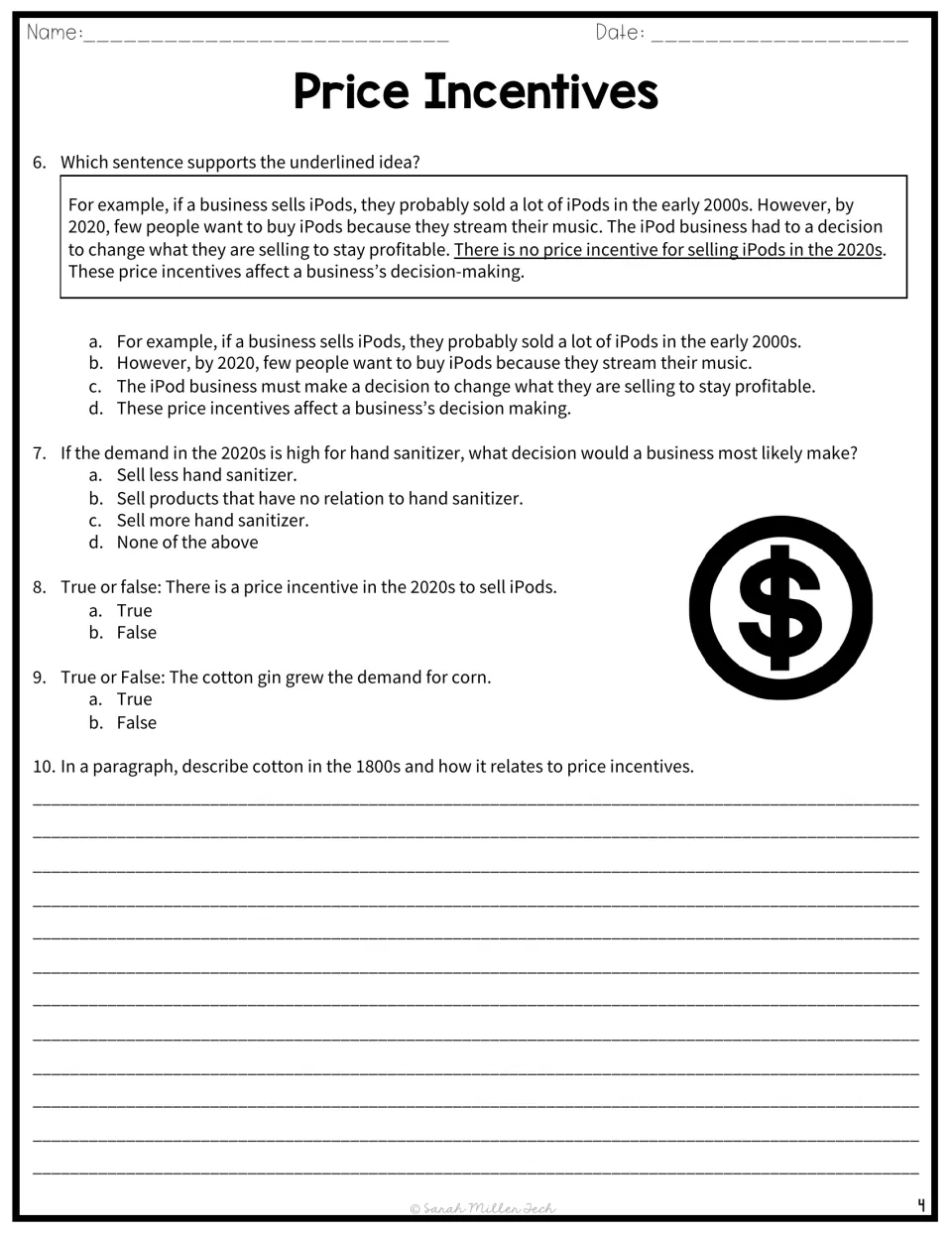Demand and decision questions: students find supporting text, judge hand sanitizer and iPod items, and write about cotton