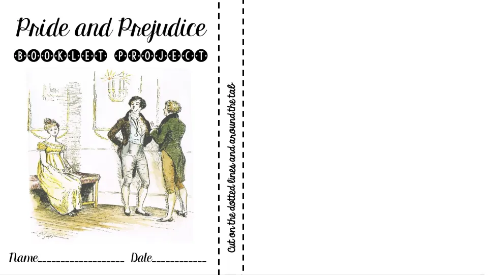 Pride and Prejudice booklet cover with a period illustration of two gentlemen and a seated lady, plus name and date lines