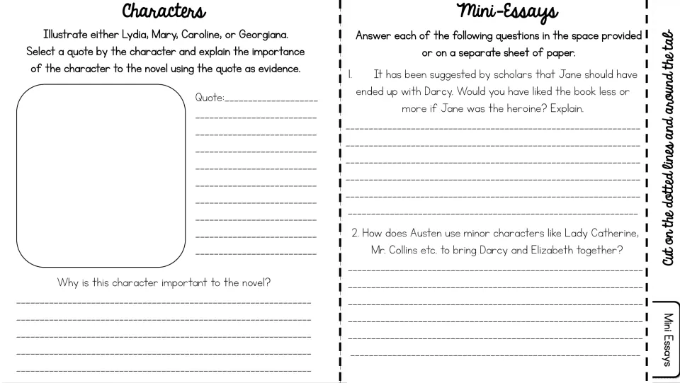Characters and mini-essays: students draw Lydia, Mary, Caroline or Georgiana, explain a quote, and answer two essay prompts