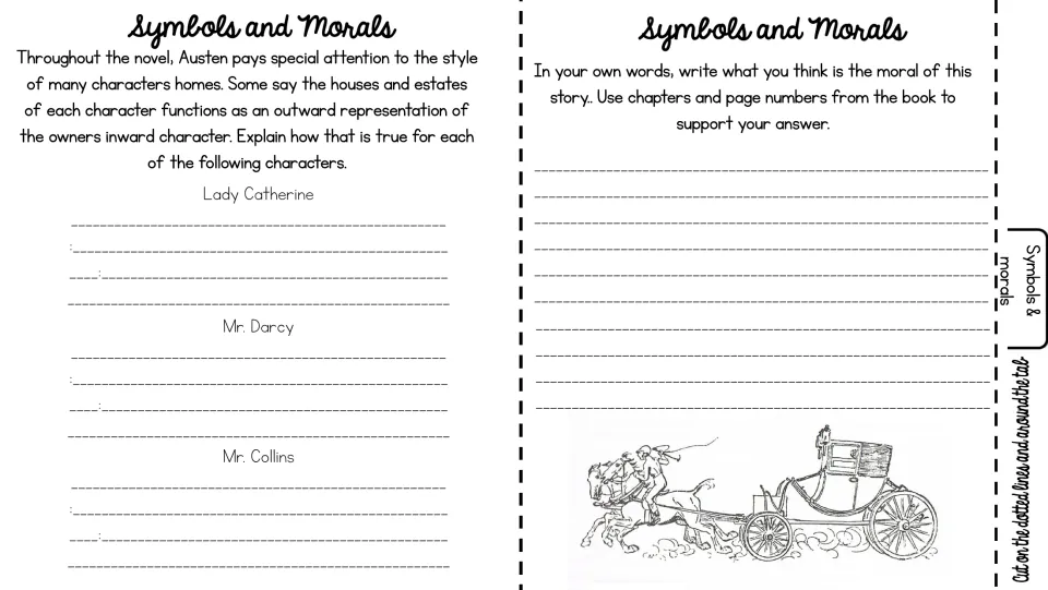 Symbols and morals: students explain how Lady Catherine's, Darcy's and Collins's homes mirror them and state the moral