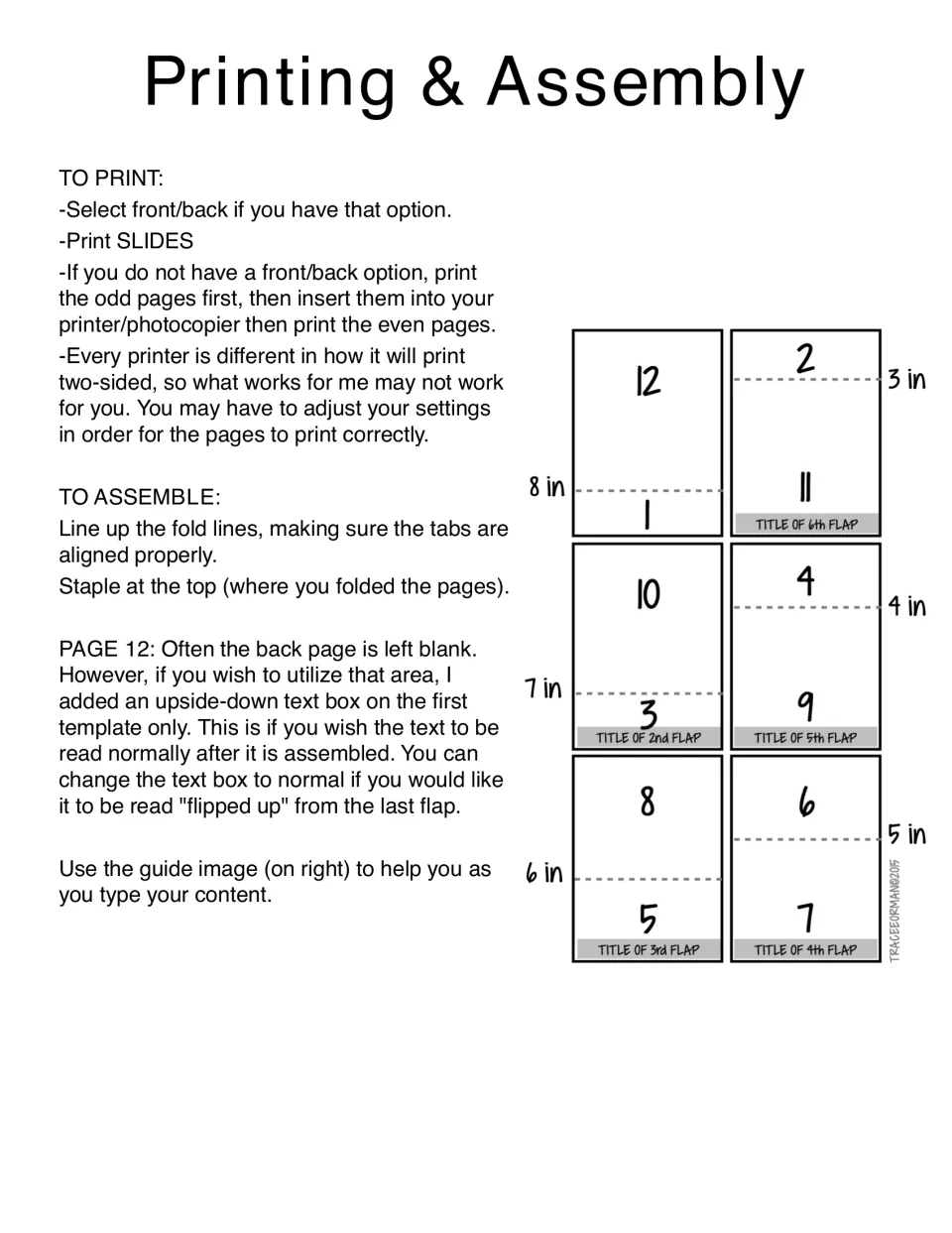 Flipbook printing and assembly instructions explain double-sided printing, fold alignment, and stapling.