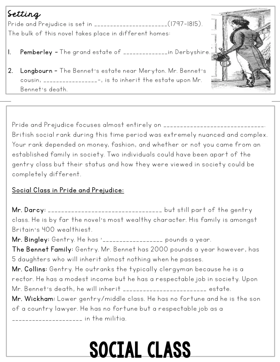 Fill-in flipbook sections cover Pemberley, Longbourn, and the social standing of Darcy and other characters.