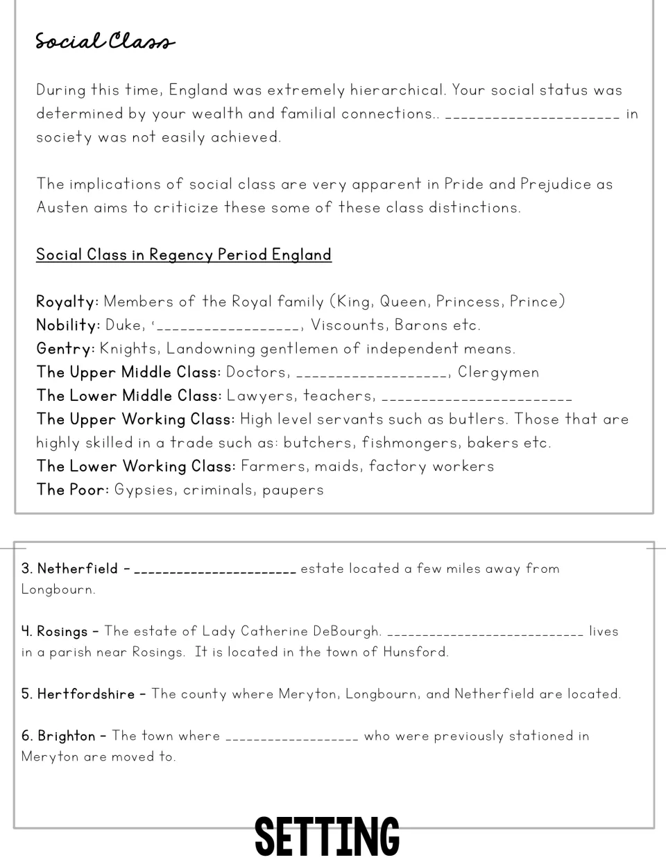 Fill-in flipbook sections outline social ranks and settings including Netherfield, Rosings, and Brighton.