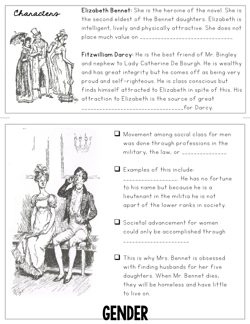 Fill-in flipbook sections introduce Elizabeth Bennet and Darcy, plus gender roles in social advancement.