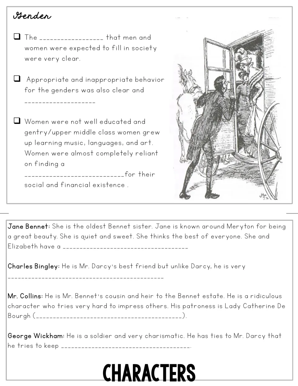 Fill-in flipbook sections cover gender expectations and Jane Bennet, Charles Bingley, Collins, and Wickham.