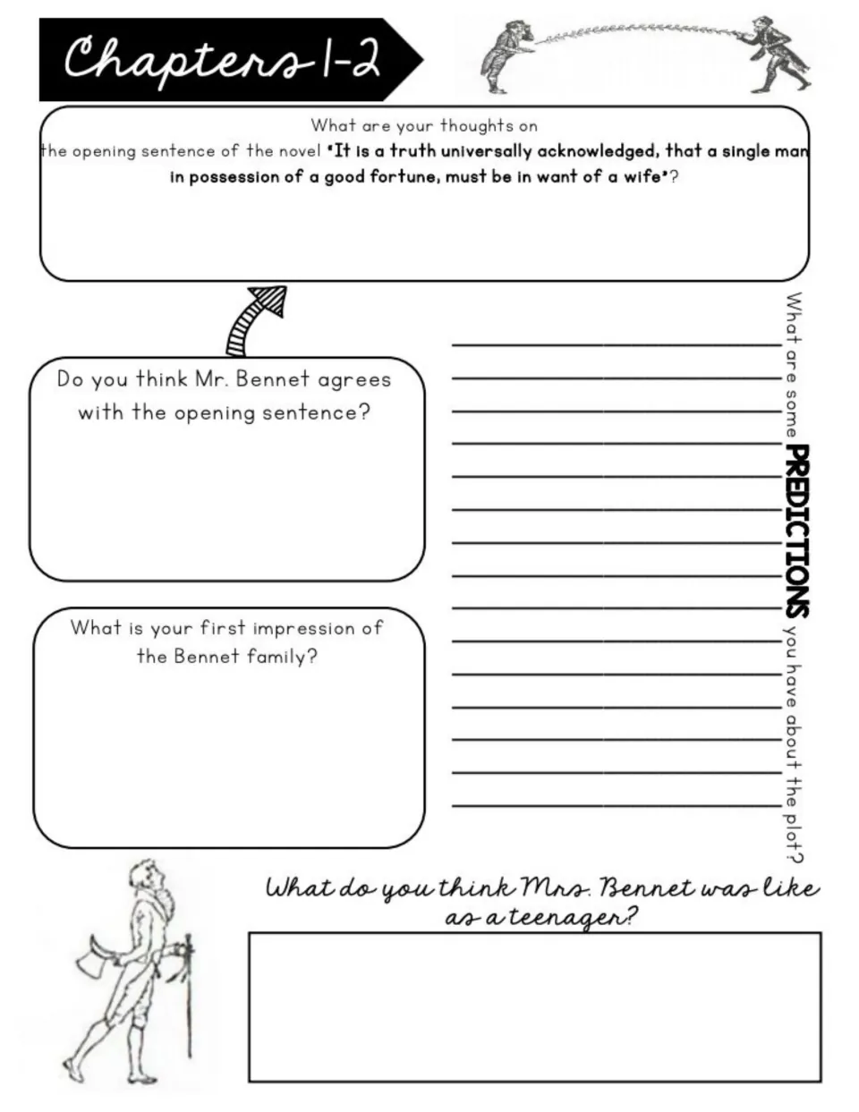 Chapters 1–2 workbook prompts on the opening sentence, the Bennet family, plot predictions, and Mrs. Bennet