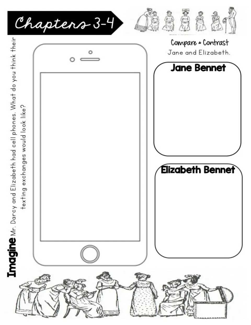 Chapters 3–4 workbook tasks: imagine Darcy and Elizabeth texting and compare Jane and Elizabeth Bennet