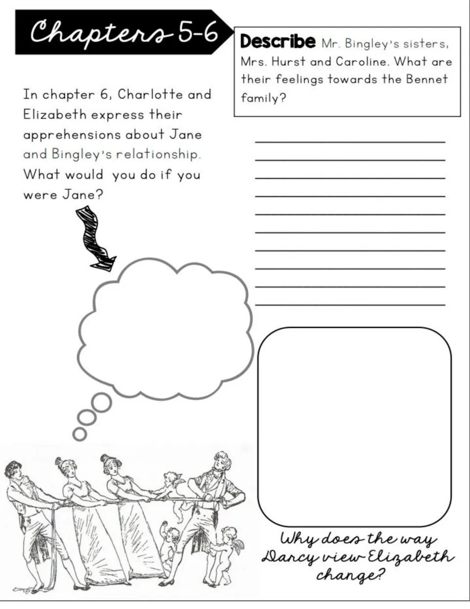 Chapters 5–6 workbook prompts on Jane and Bingley, Bingley's sisters, and Darcy's changing view of Elizabeth