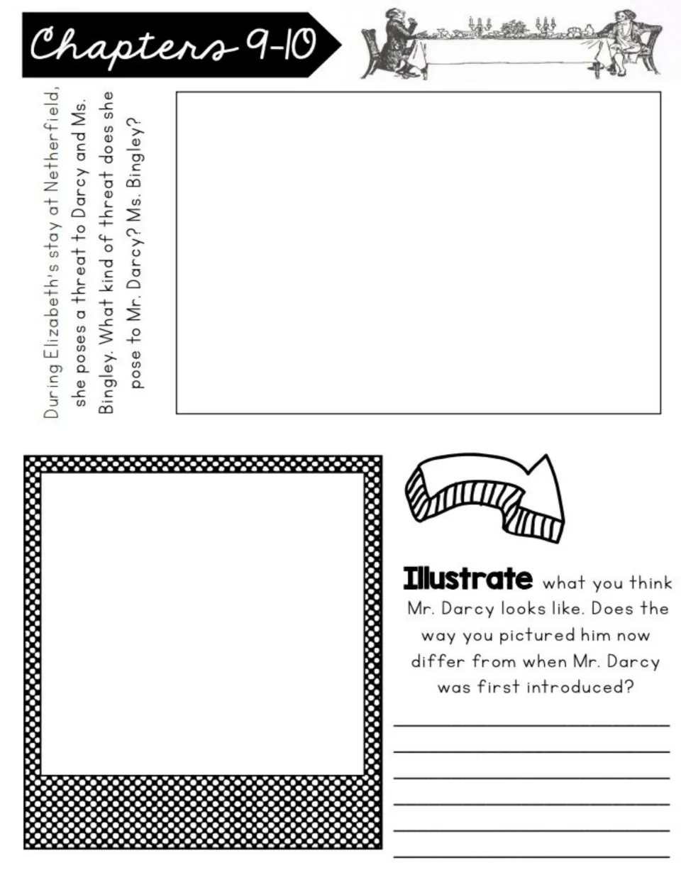 Chapters 9–10 workbook tasks on Elizabeth's threat to Darcy and Miss Bingley, plus a Darcy illustration