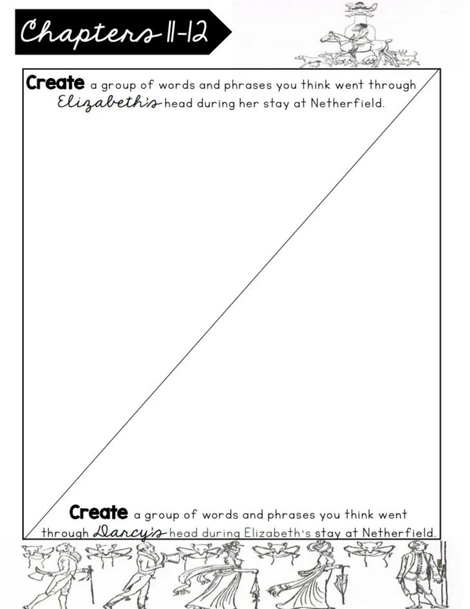 Chapters 11–12 workbook task to create words and phrases for Elizabeth's and Darcy's thoughts at Netherfield
