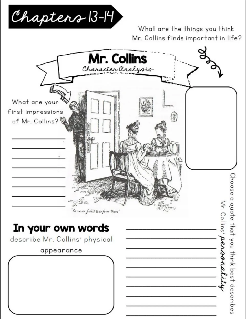 Chapters 13–14 workbook analysis of Mr. Collins: first impressions, appearance, values, and a personality quote