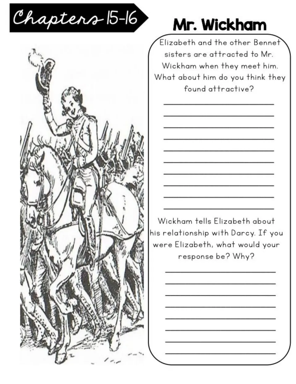 Chapters 15–16 workbook prompts on Wickham's appeal to the Bennet sisters and his account of Darcy