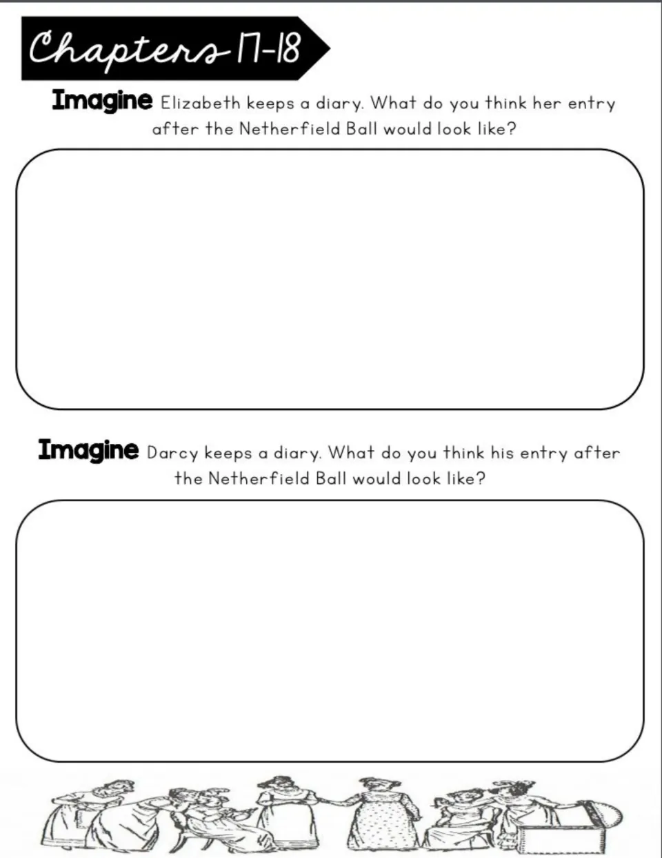 Chapters 17–18 workbook prompts to write imagined diary entries for Elizabeth and Darcy after the Netherfield Ball