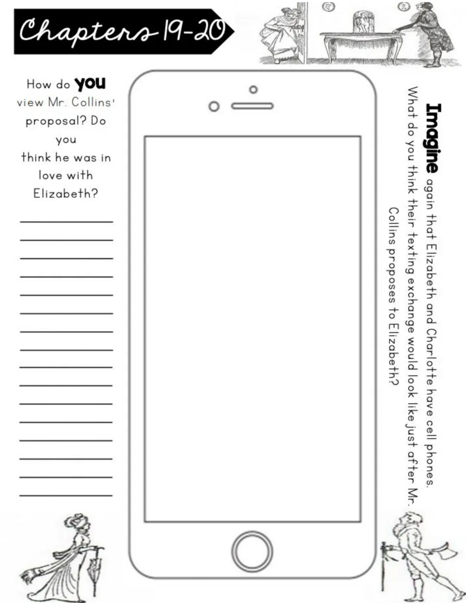 Chapters 19–20 workbook tasks: assess Collins' proposal and imagine Elizabeth texting Charlotte about it