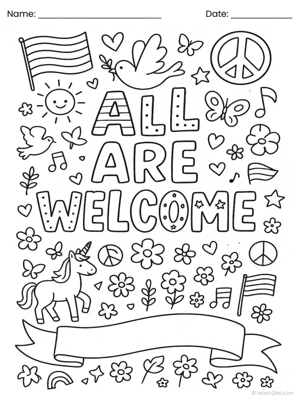 All Are Welcome colouring page: students colour bubble letters, a dove, peace signs, a unicorn and a blank ribbon banner
